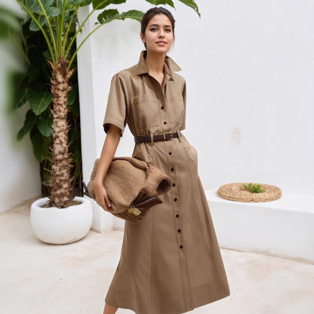 Solid Midi Shirt Dress with Short Sleeves and Belted Waist