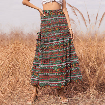 Ethnic Print Tiered Maxi Skirt with Tie-Side Slit