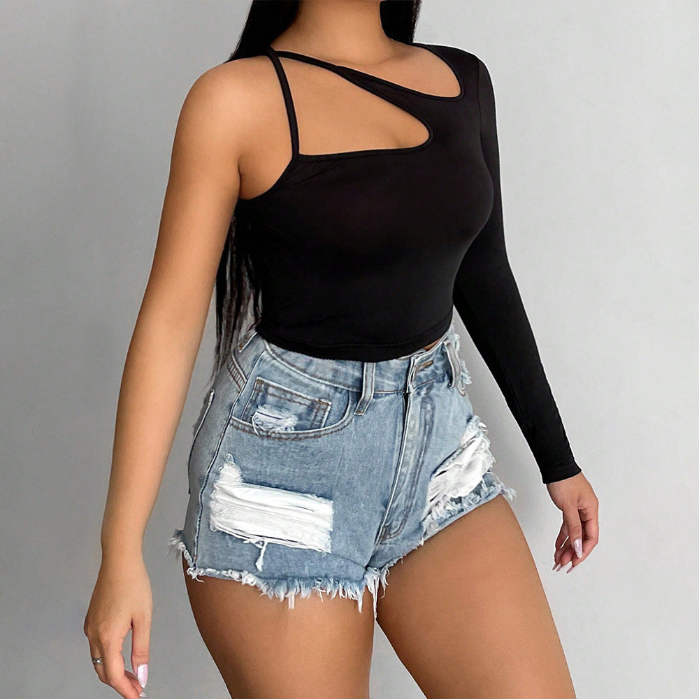 Asymmetric One-Sleeve Crop Top with Cutout Detail