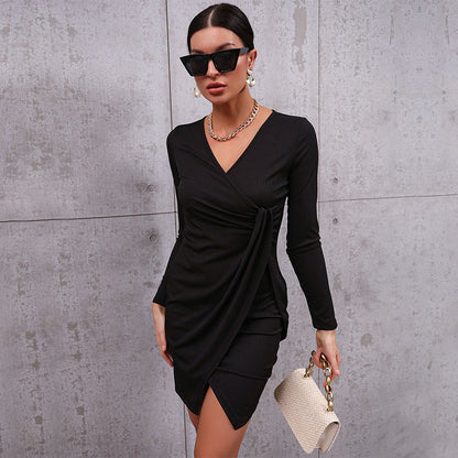 Ribbed Long Sleeve Bodycon Dress with Wrap Tie Front