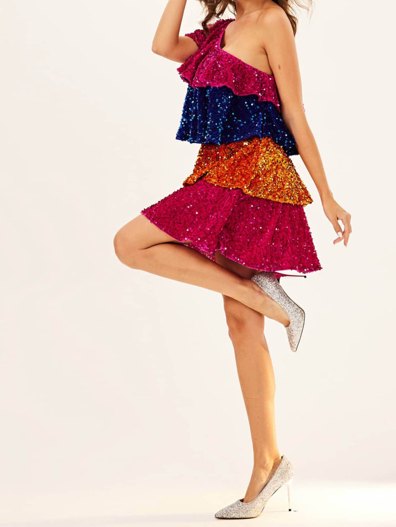 Color Block Sequin Mini Dress with One-Shoulder Ruffle