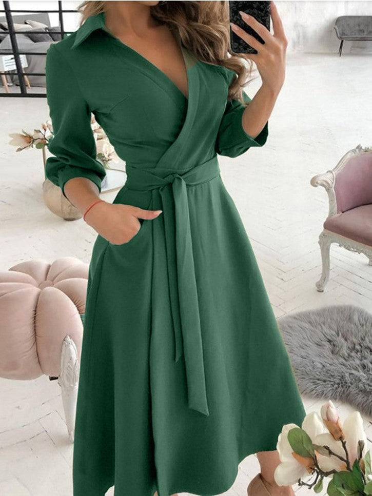 Printed Wrap Midi Dress with Shirt Collar and 3/4 Sleeves