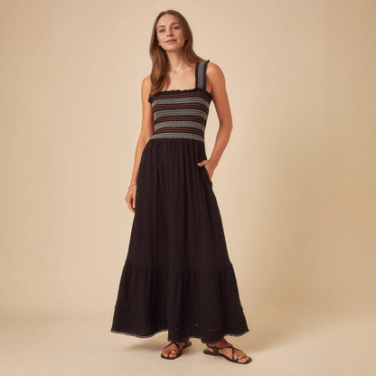 Spliced Maxi Dress with Embroidered Smocked Bodice and Tiered Hem