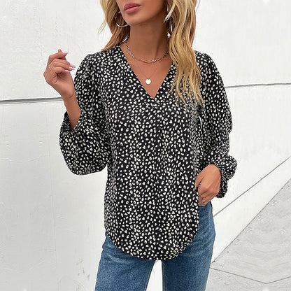 Leopard Dot Print Blouse with V-Neck and Long Sleeves