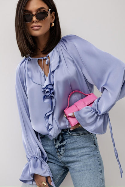 Silky Blouse with Ruffled V-Neck and Tie Cuffs