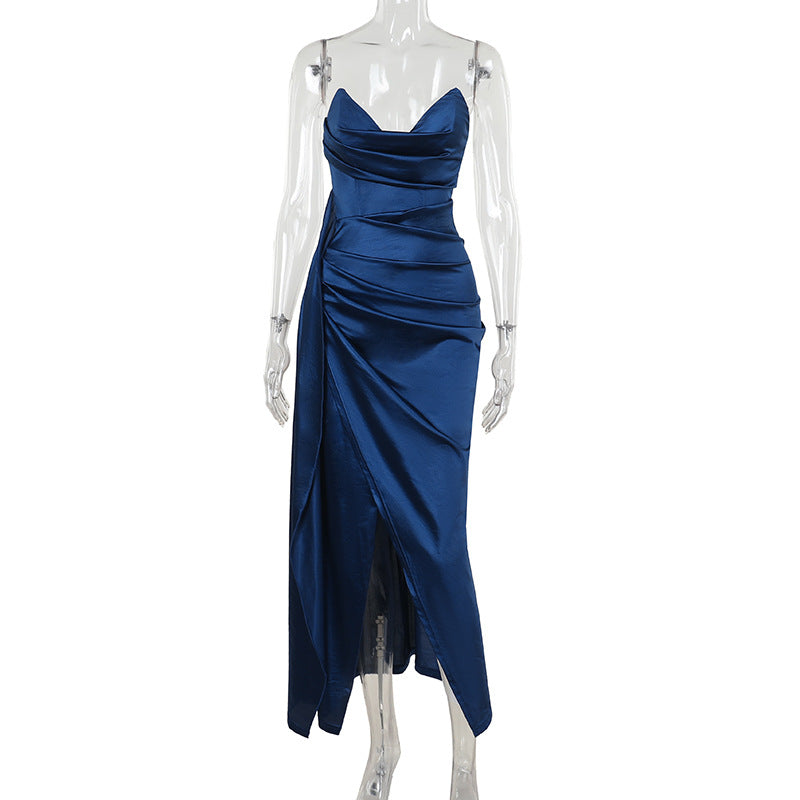 Strapless Satin Maxi Dress with Ruched Bodice and High Slit