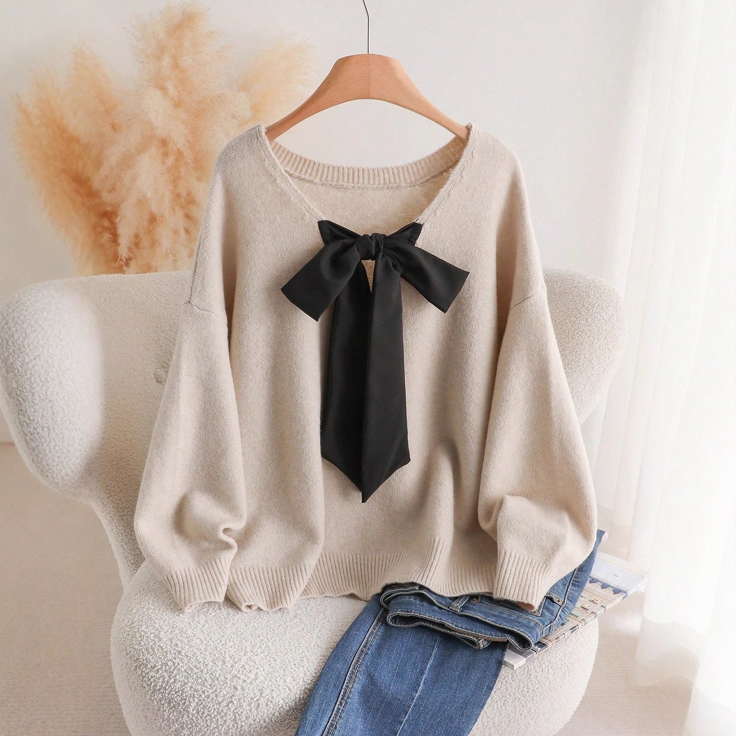 Loose V-Neck Knit Sweater with Oversized Bow Tie