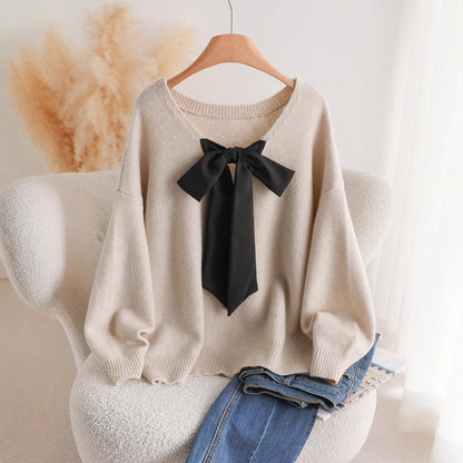 Loose V-Neck Knit Sweater with Oversized Bow Tie