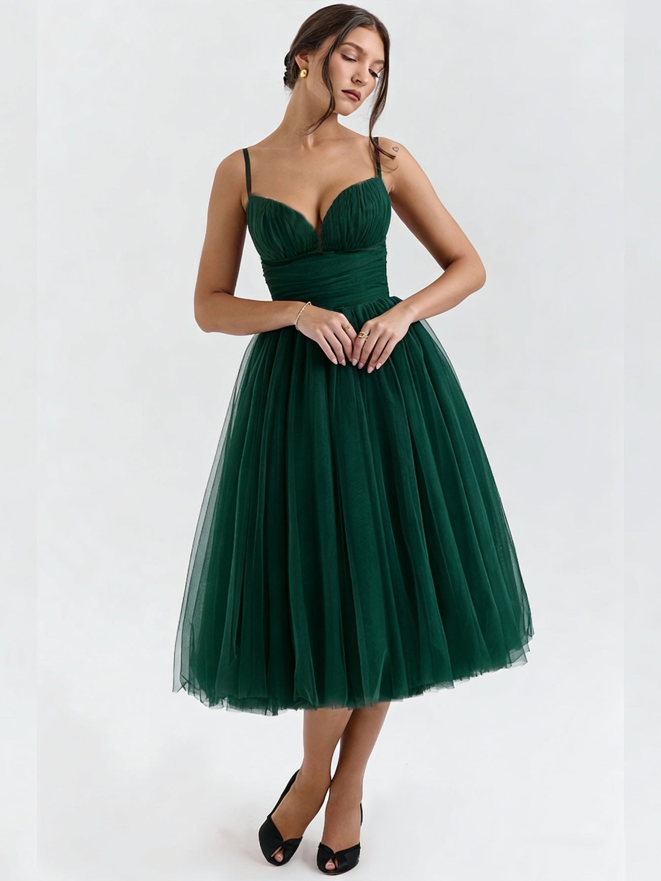 Fit & Flare Midi Dress with Sweetheart Neckline and Tulle Skirt