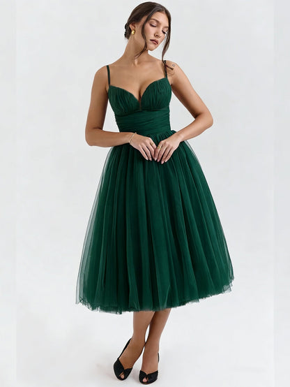 Fit & Flare Midi Dress with Sweetheart Neckline and Tulle Skirt