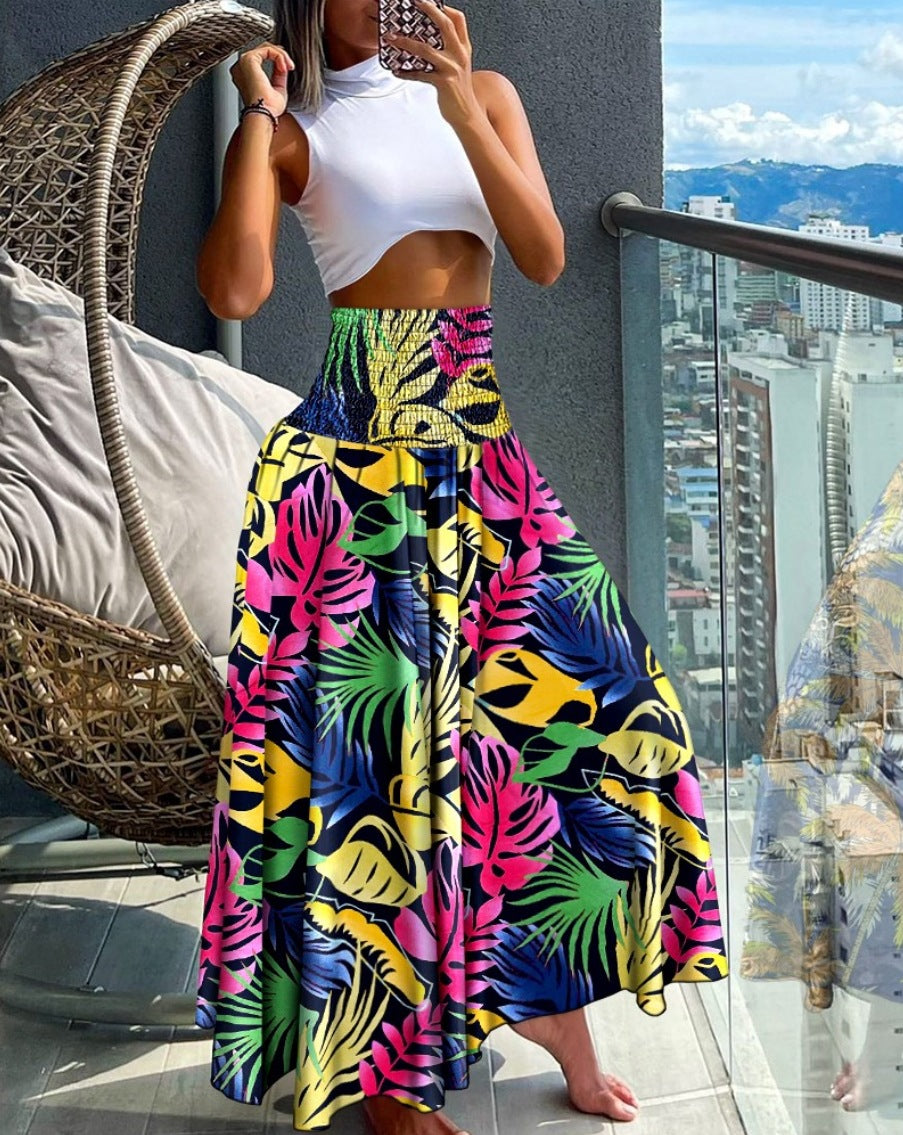 High-Waist Shirred Maxi Skirt with Print
