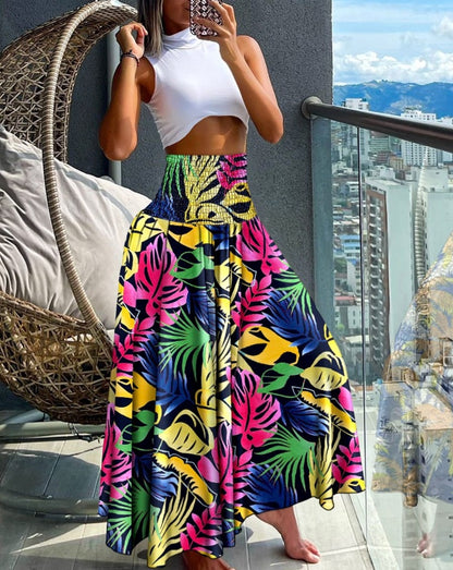 High-Waist Shirred Maxi Skirt with Print