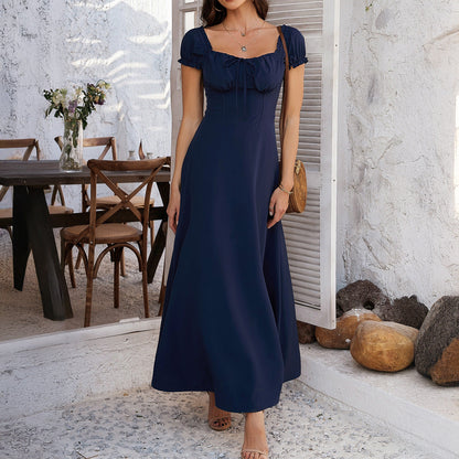 A-Line Midi Dress with Tie-Front Bust and Puff Sleeves