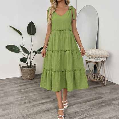 A-Line Midi Dress with Tie-Shoulder V-Neck and Tiered Skirt