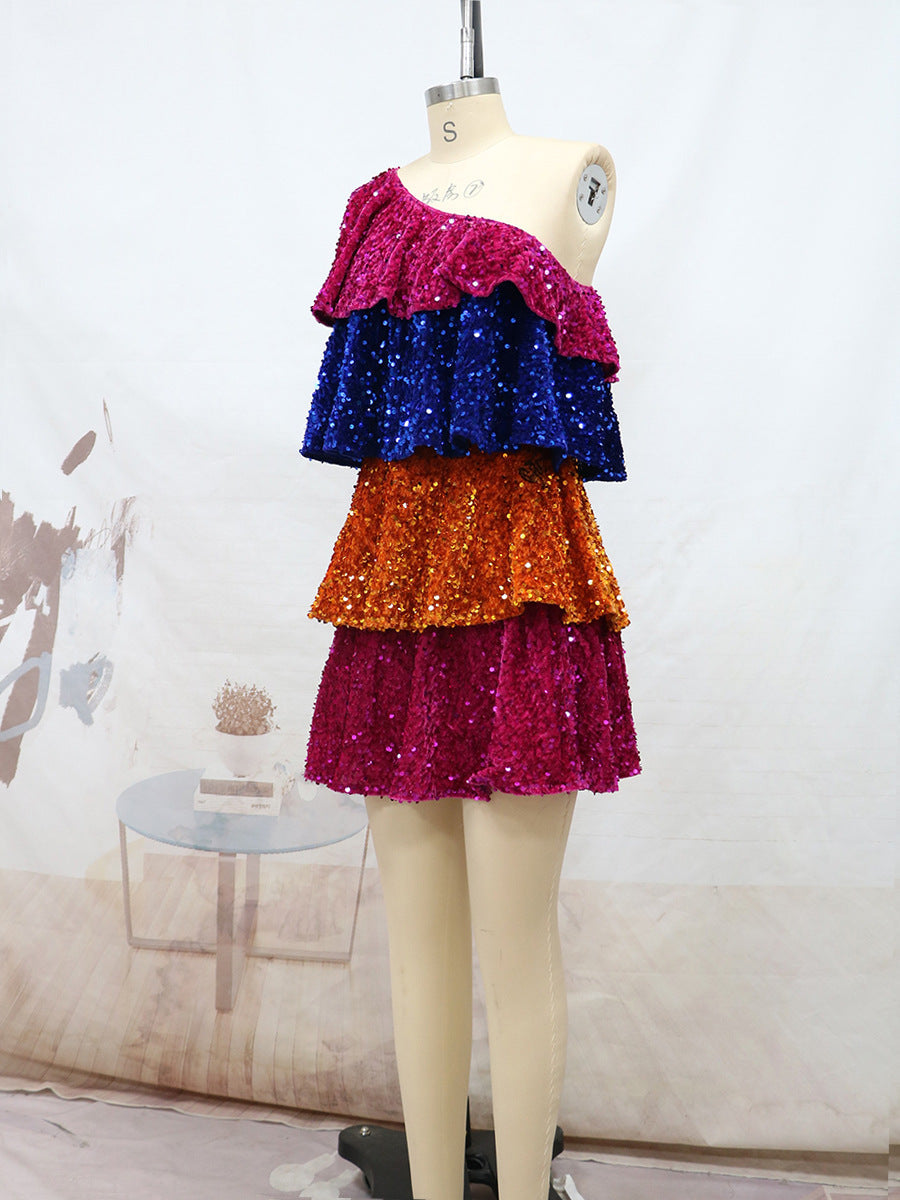 Tiered Sequin Mini Dress with One-Shoulder