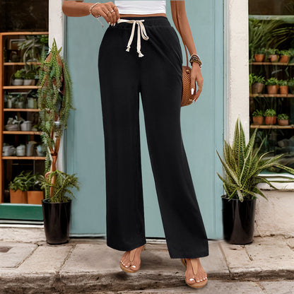 Straight-Leg Trousers with High Waist and Drawstring