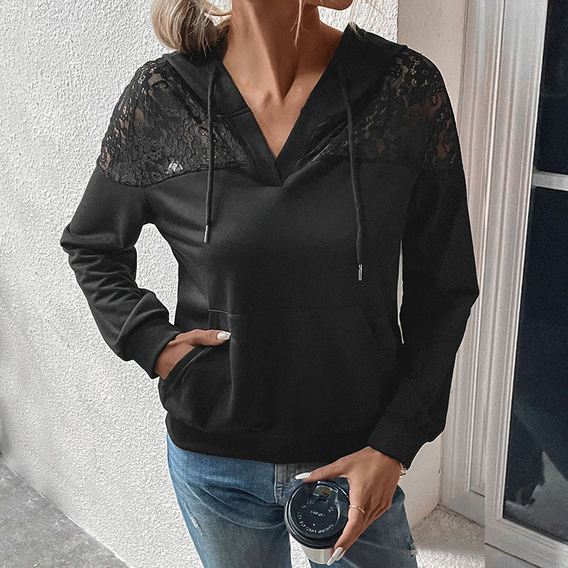 Solid Hoodie with Lace Patchwork and V-Neck