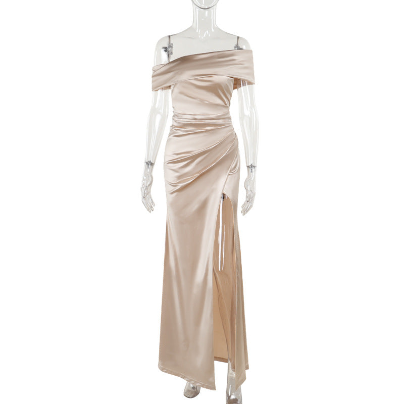 Elegant Off-Shoulder Split Dress Mercerized Fabric