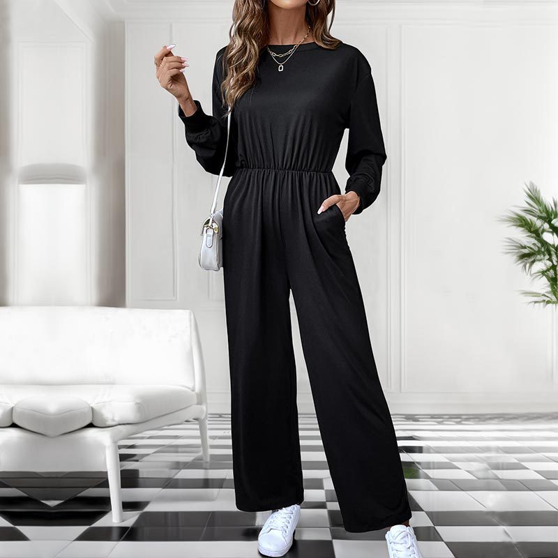 Relaxed Fit Jumpsuit with Long Sleeves and High Elastic Waist