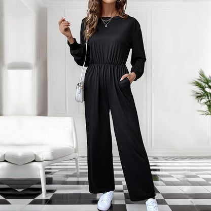 Relaxed Fit Jumpsuit with Long Sleeves and High Elastic Waist