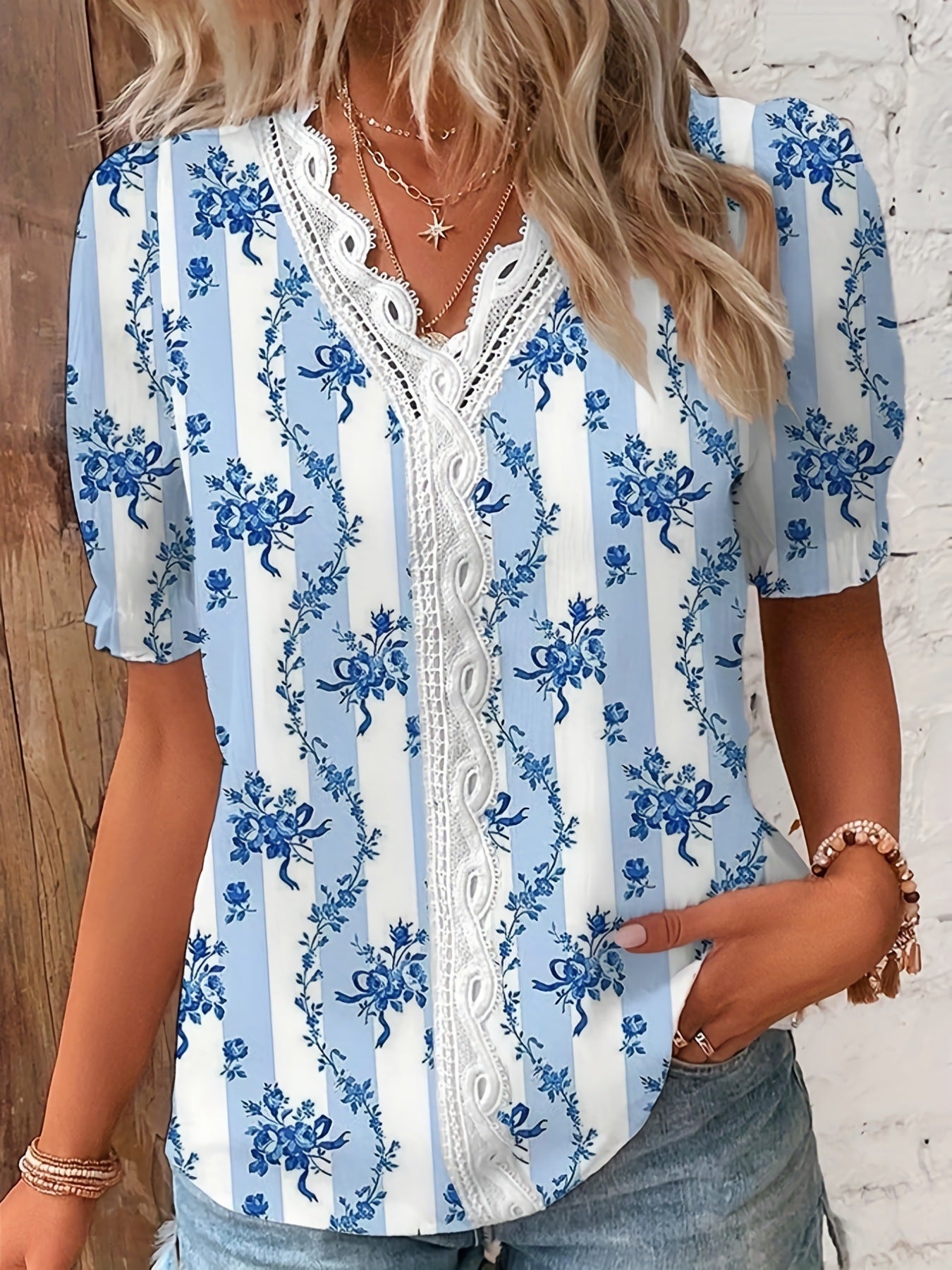 Floral Print Short Sleeve Shirt with Lace V-Neck