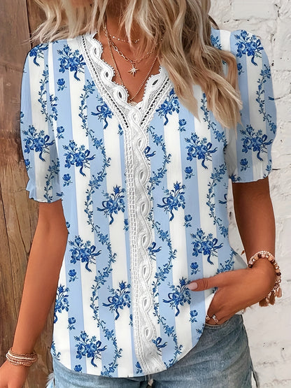 Floral Print Short Sleeve Shirt with Lace V-Neck