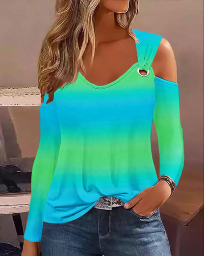 Printed Cold Shoulder Top with V-Neck and Metal Ring