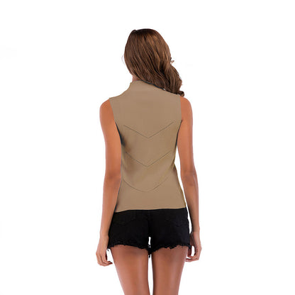 Slim-Fit Sleeveless Top with Mock Neck and Chevron Knit