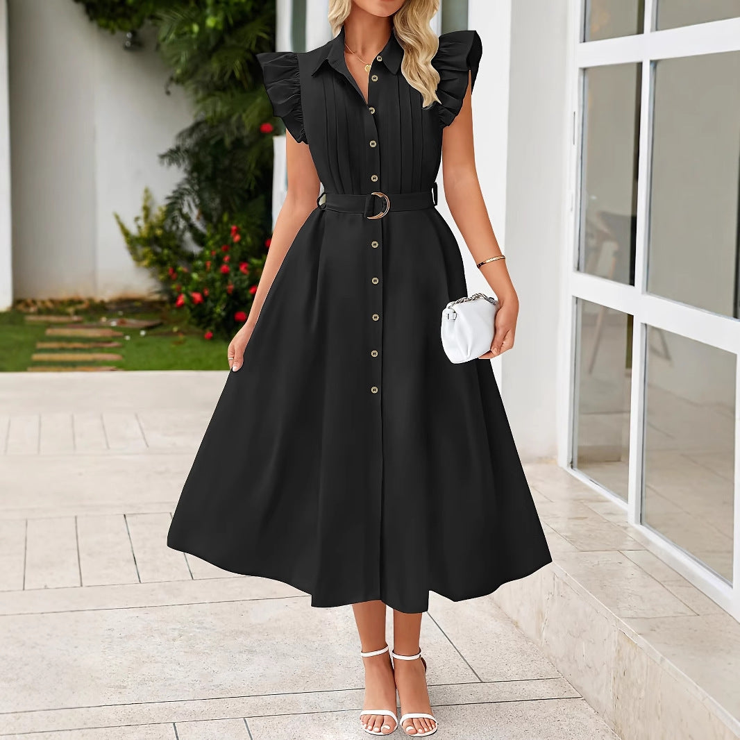 Solid A-Line Midi Shirt Dress with Ruffle Sleeves and Belt