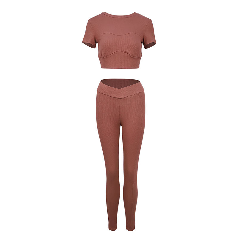 Ribbed Short-Sleeve Yoga Set with V-Waist Leggings