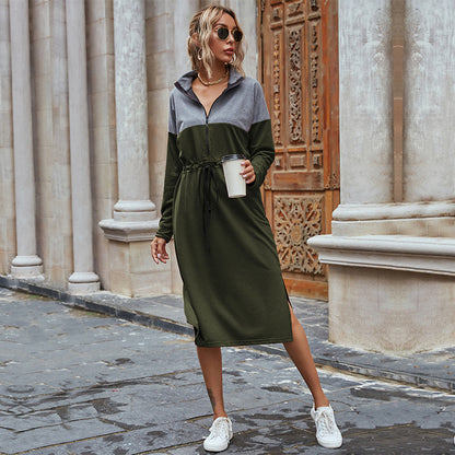 Color-Blocked Midi Sweatshirt Dress with Half-Zip and Drawstring Waist
