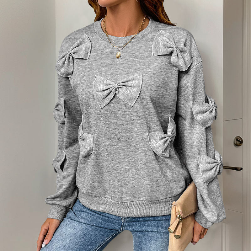 Gray Round-Neck Sweatshirt with Bow Appliqués