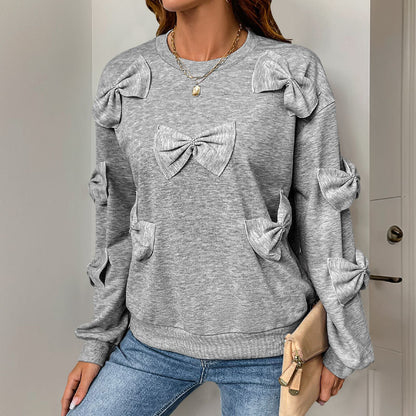 Gray Round-Neck Sweatshirt with Bow Appliqués