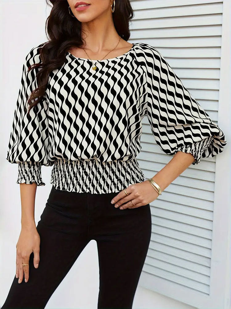 Wavy Print Blouse with Lantern Sleeves and Shirred Waist