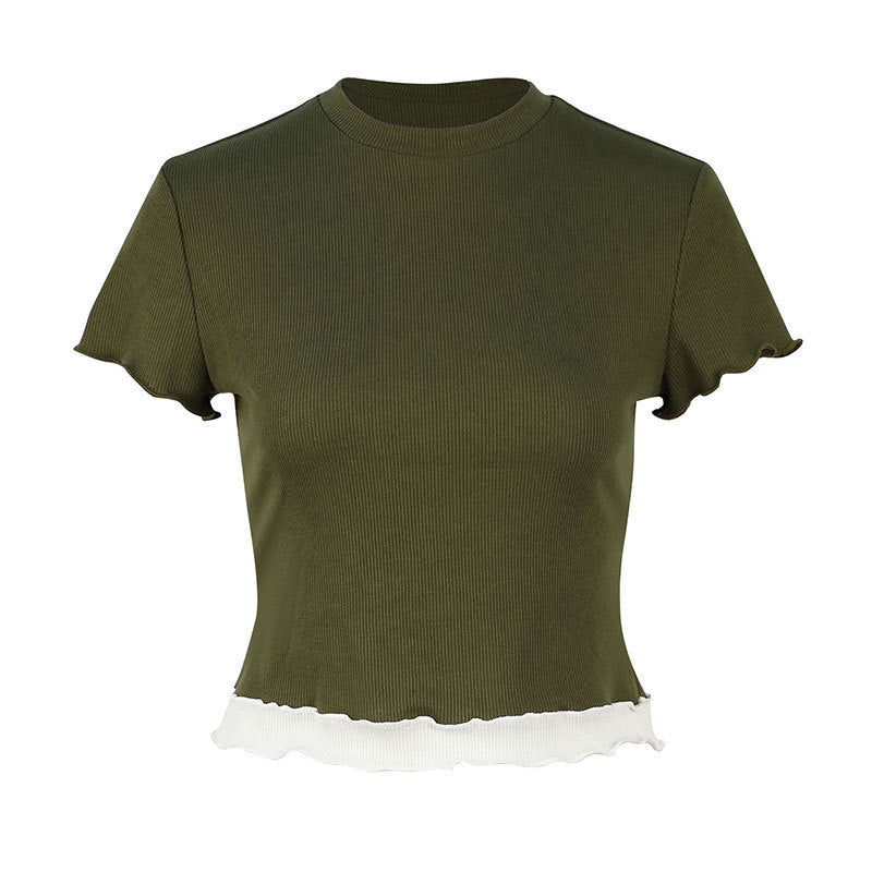 Ribbed Cropped T-Shirt with Contrast Lettuce Edge