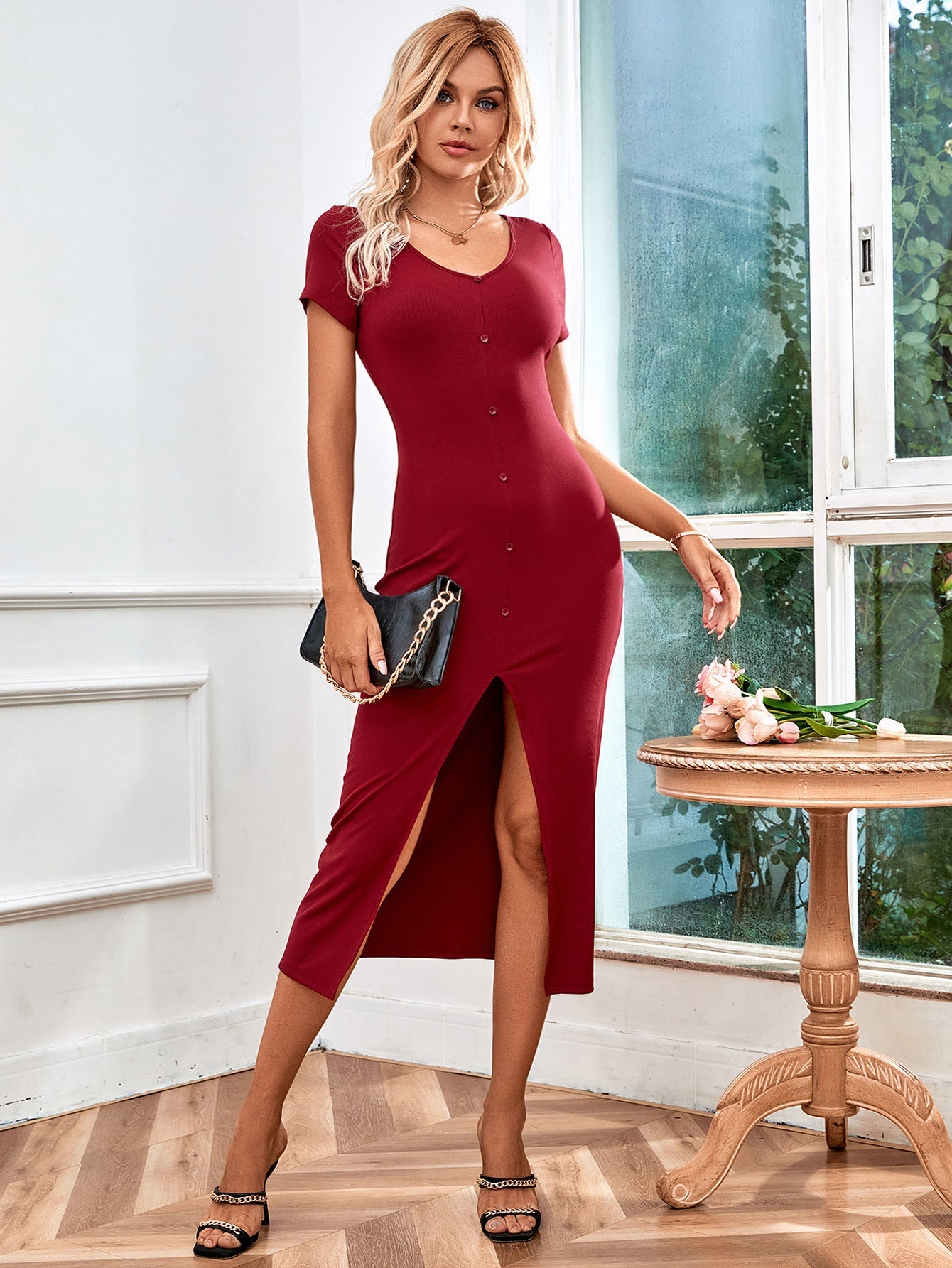 Bodycon Knit Midi Dress with Button Front and Slit