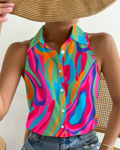 Abstract Print Halter Top with Collared Button Front