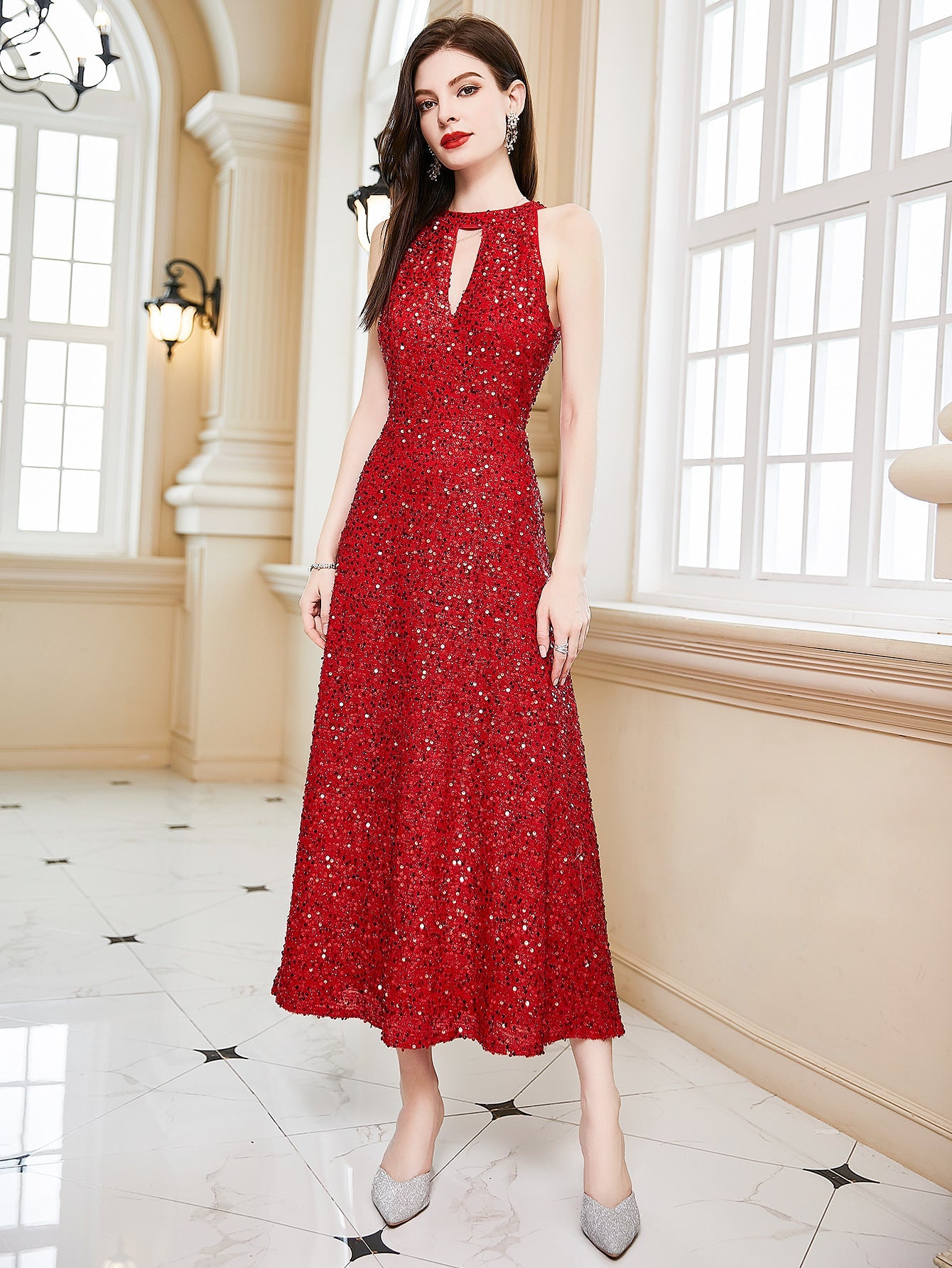 A-Line Sequined Midi Dress with Halter and Open Back