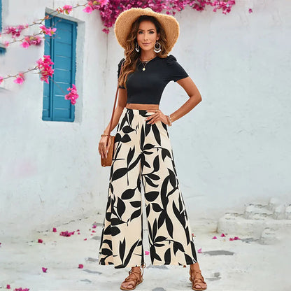 Leaf Print Crop Top & Wide-Leg Pants Two-Piece Set