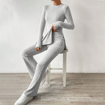 Ribbed Knit Two-Piece Set with Side Slit Long Sleeve Top
