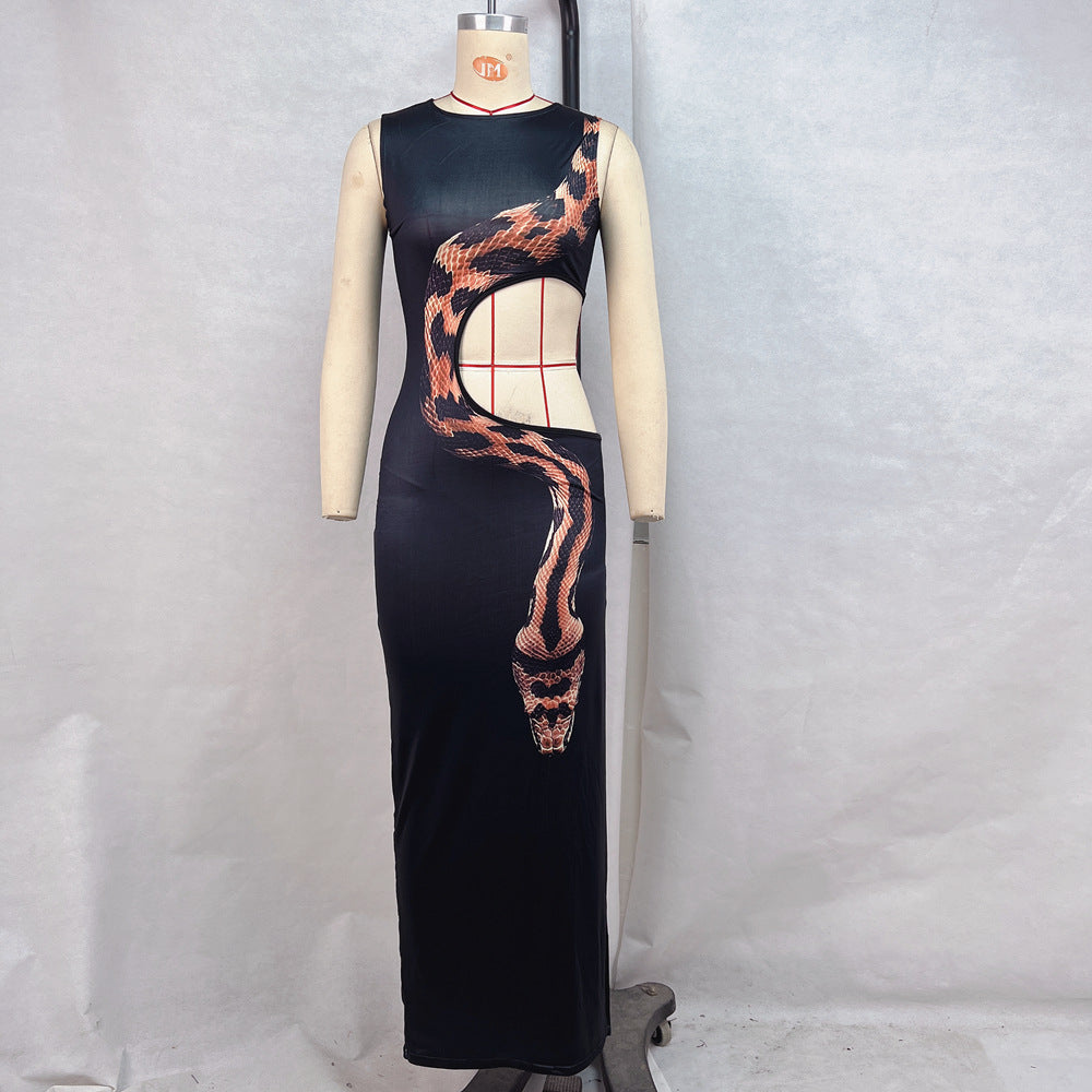Sleeveless High Waist Snake Print Long Dress Hollow Design