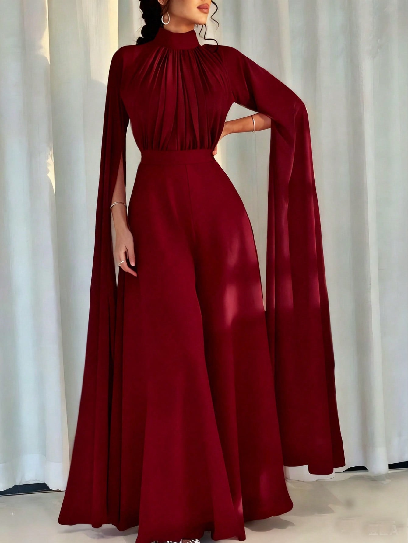 Pleated Wide Leg Jumpsuit with High Neck and Cape Sleeves