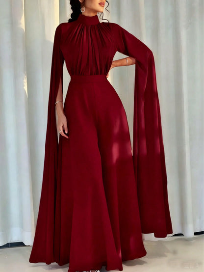 Pleated Wide Leg Jumpsuit with High Neck and Cape Sleeves