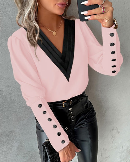 Solid Blouse with Contrast Pleated V-Neck and Button Cuffs