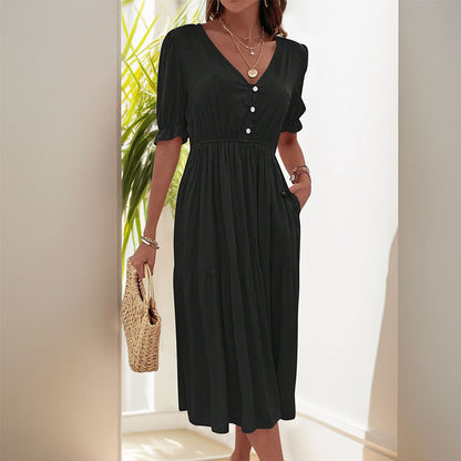 A-Line Tiered Midi Dress with V-Neck and Puff Sleeves