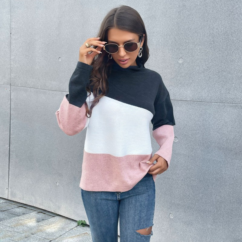 Color-Block Knit Pullover with Mock Neck and Long Sleeves