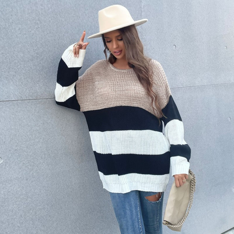 Oversized Striped Mid-Length Sweater with Crewneck