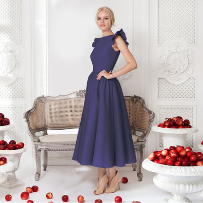 A-Line Midi Dress with Ruffled Shoulders