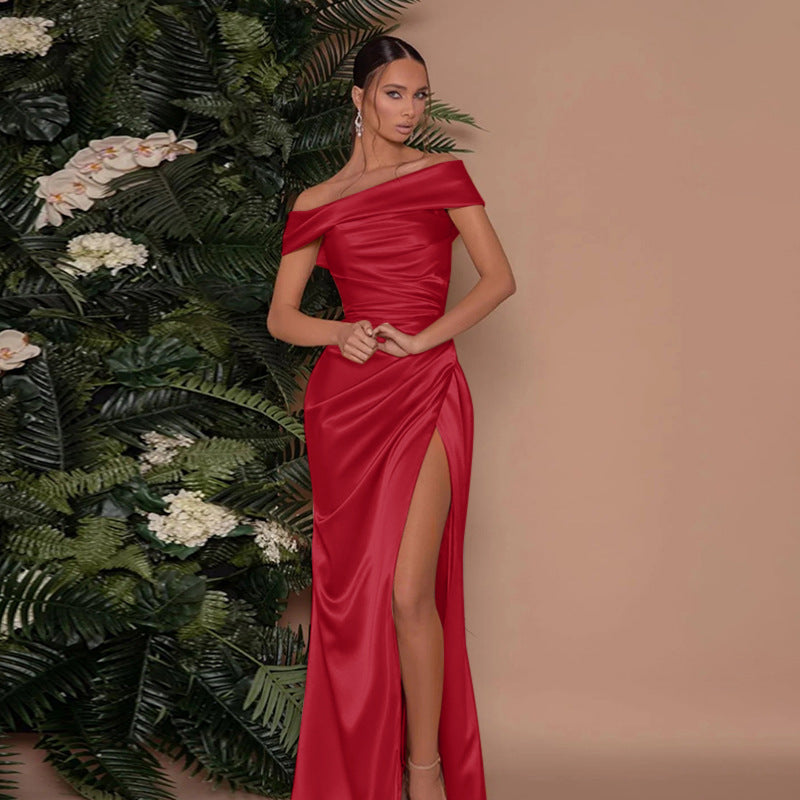 Elegant Off-Shoulder Split Dress Mercerized Fabric