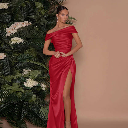 Elegant Off-Shoulder Split Dress Mercerized Fabric